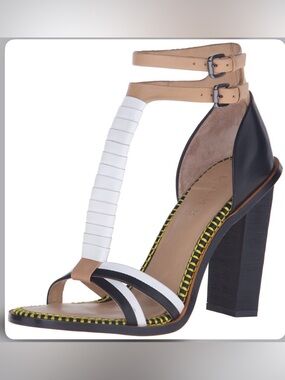 L.A.M.B. Oracle White Black Tan Strap Leather High Block Heel Sandal, Size 9.5